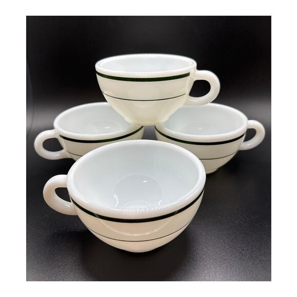 Vintage Corning/Pyrex Coffee Cups Green Rings Restaurant Ware 1970s Set of 4 - Picture 1 of 8
